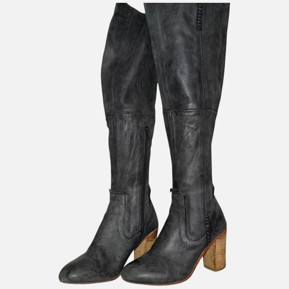 FREE PEOPLE Jack Over-the-Knee Tall Heel Boot 36 Black Shadow Leather Distressed - Picture 5 of 11